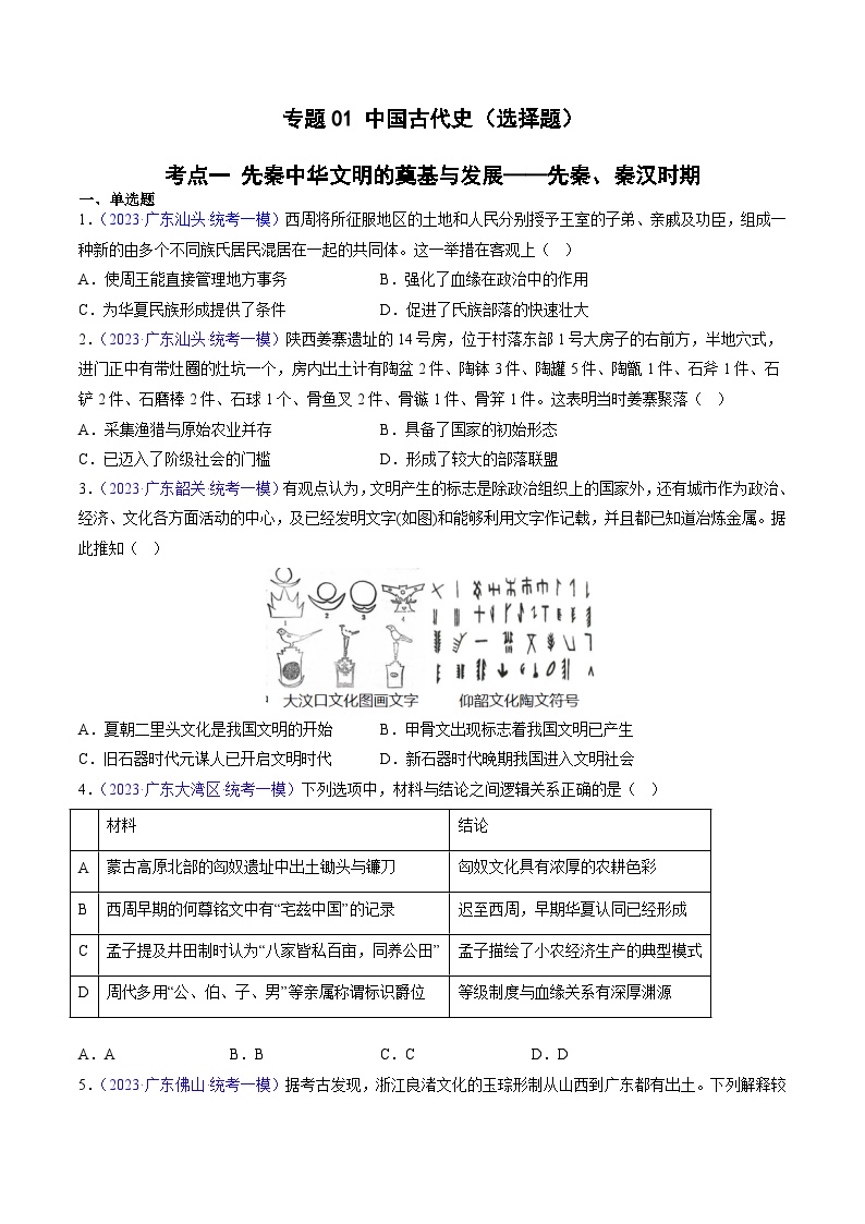 专题01 中国古代史（选择题）-2023年广东各地区高考历史试题（含模考）汇编