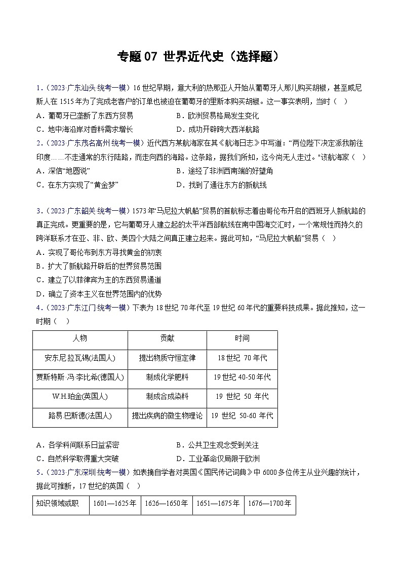 专题07 世界近代史(选择题)(原卷版) 第1页