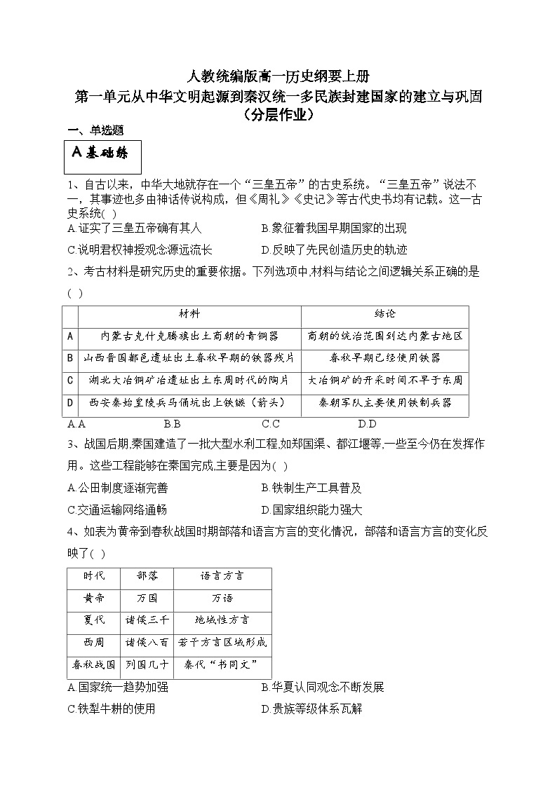 统编版高中历史必修上册第一单元从中华文明起源到秦汉统一多民族封建国家的建立与巩固复习课件+分层作业01