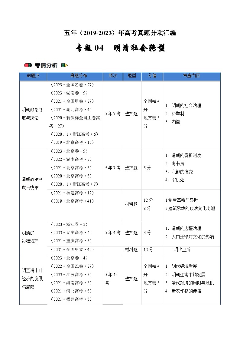 高考历史真题分项汇编(全国通用)五年(2019-2023)专题04 明清社会转型01
