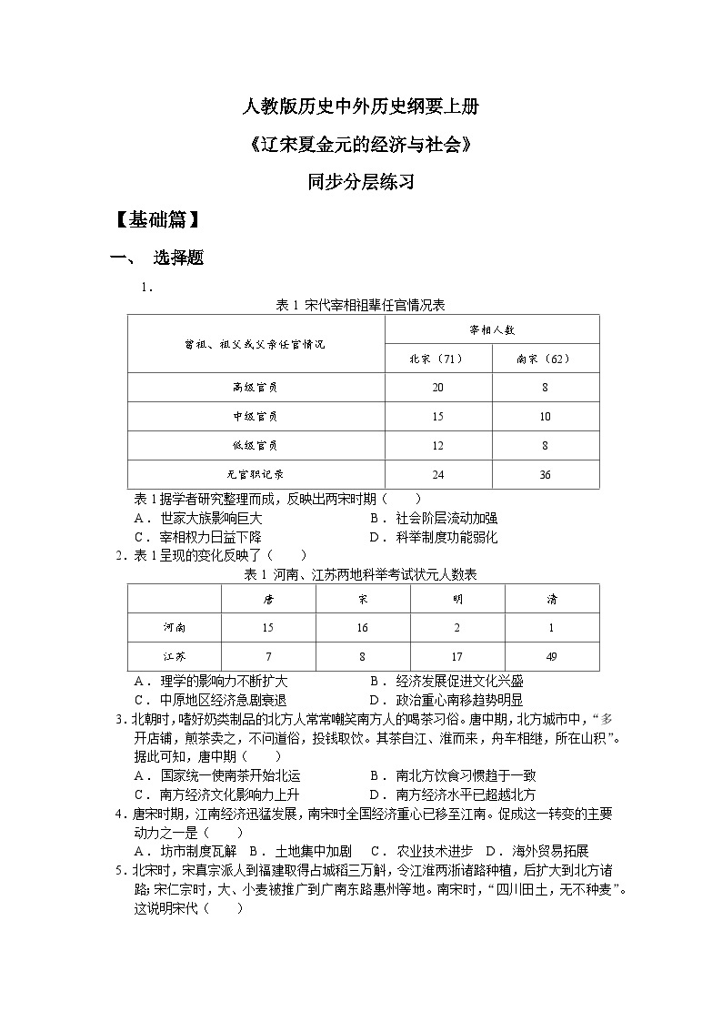 人教统编版高中历史必修中外历史纲要 第十一课 辽宋夏金元的经济与社会 课件+教案+同步分层练习(含答案)01