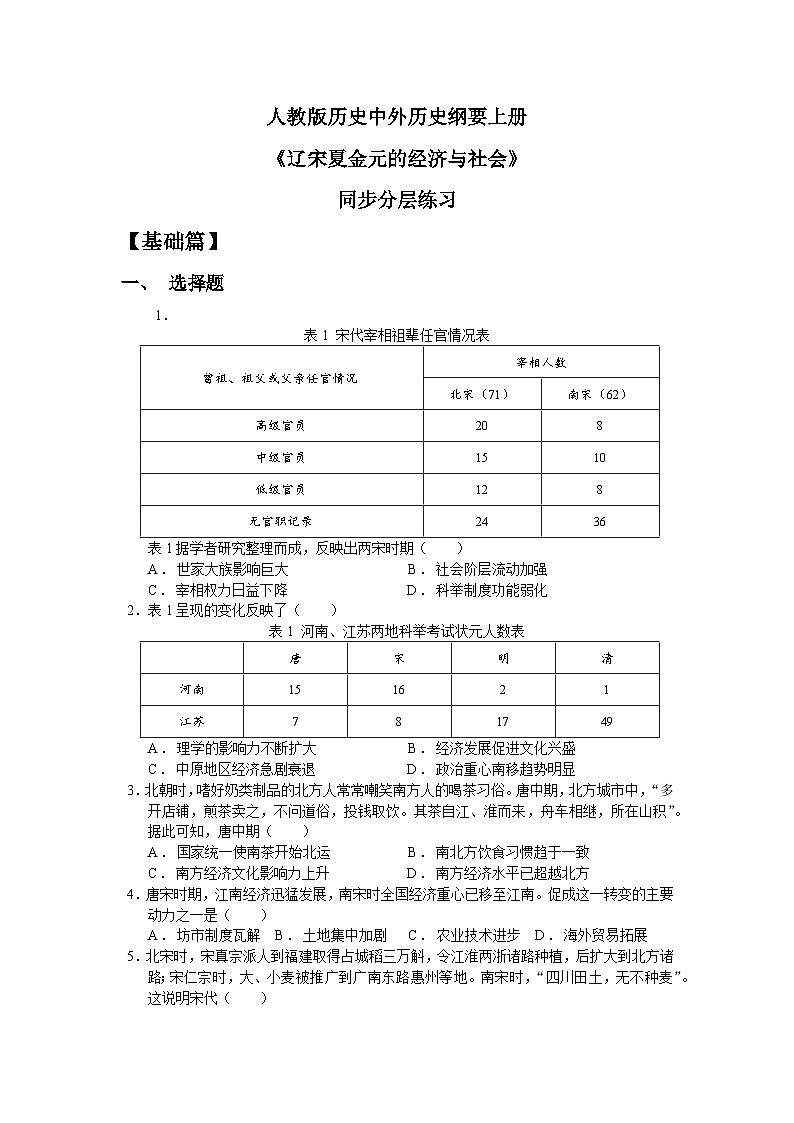 人教统编版高中历史必修中外历史纲要 第十一课 辽宋夏金元的经济与社会 课件+教案+同步分层练习(含答案)01