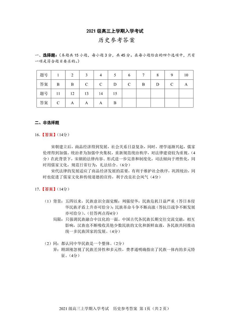2021级高三上学期入学考试历史参考答案第1页
