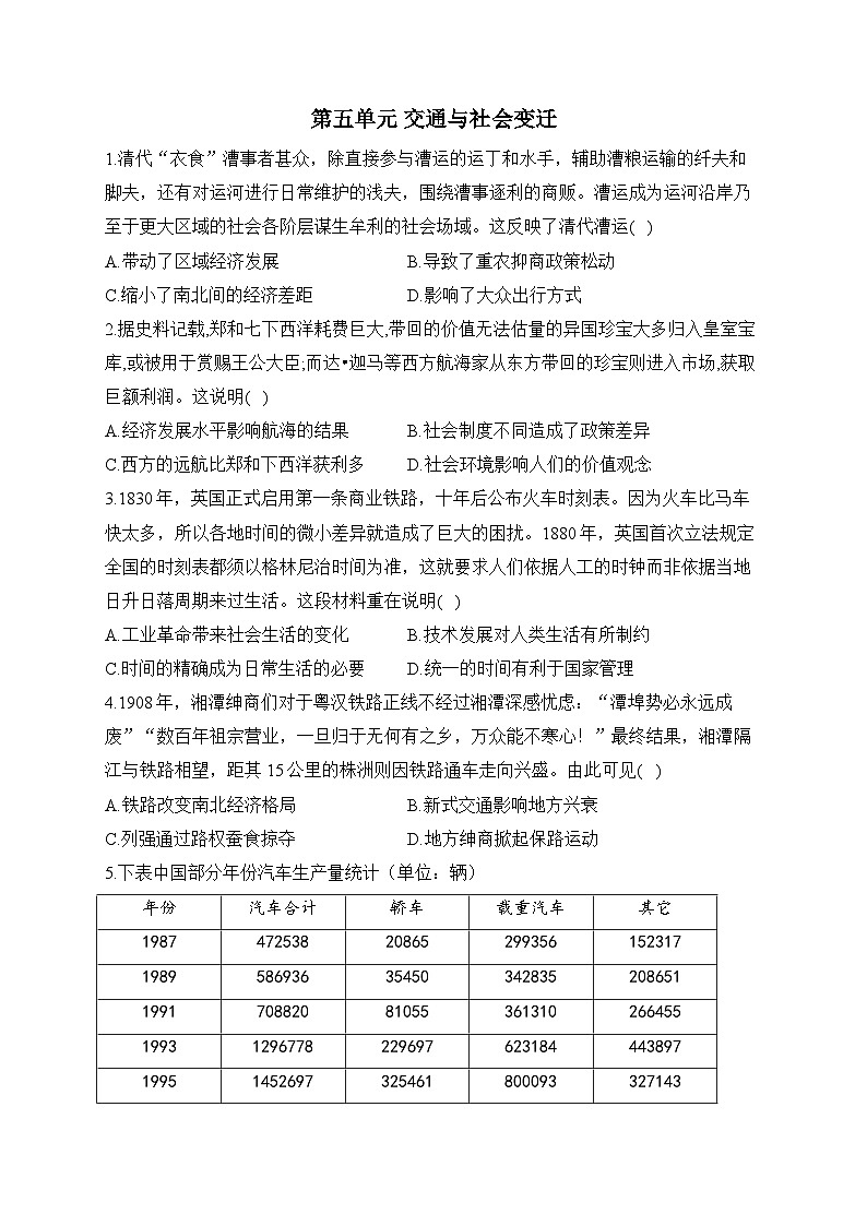 第五单元+交通与社会变迁 专练--2024届高考统编版历史一轮复习01
