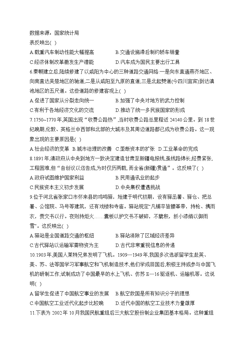 第五单元+交通与社会变迁 专练--2024届高考统编版历史一轮复习02