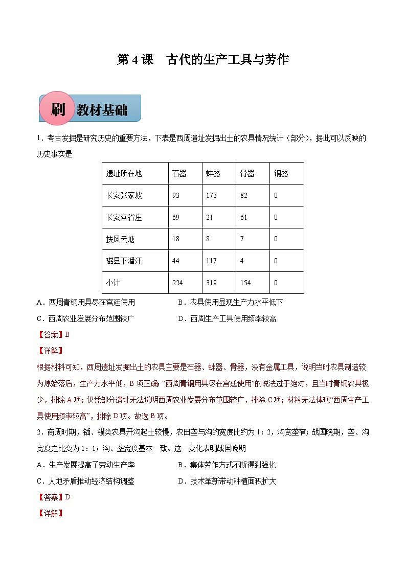 第4课 古代的生产工具与劳作(解析版)-【必刷题】2021-2022学年高二历史同步练习(选择性必修2)01