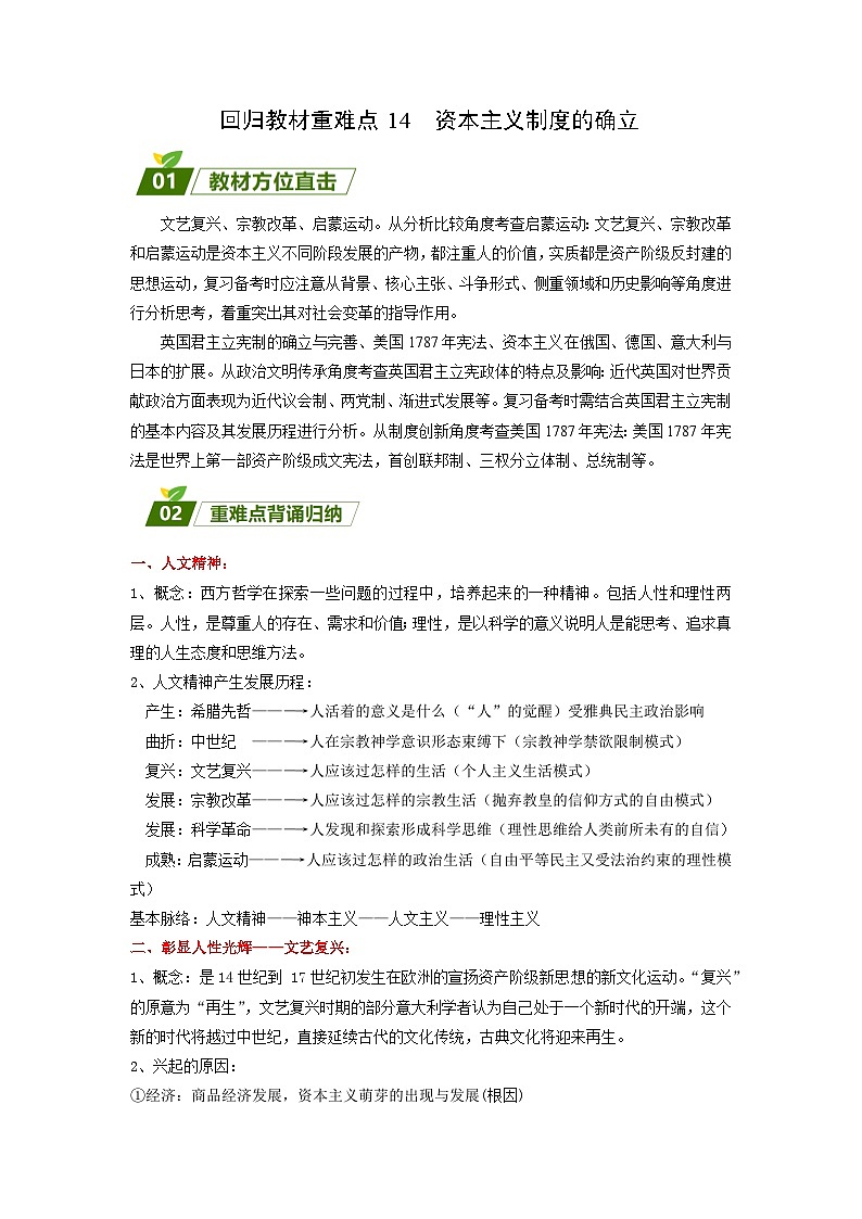 回归教材重难点14 资本主义制度的确立(含答案解析)-【查漏补缺】2023年高考历史三轮冲刺过关(新高考专用) 试卷01