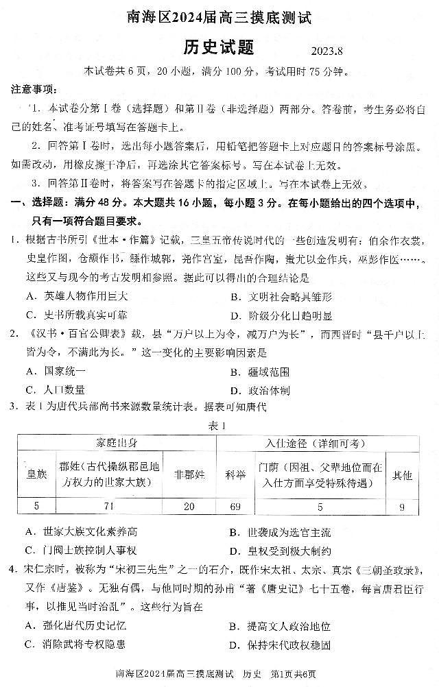 2024届广东省佛山市南海区高三上学期开学摸底测试历史试题01