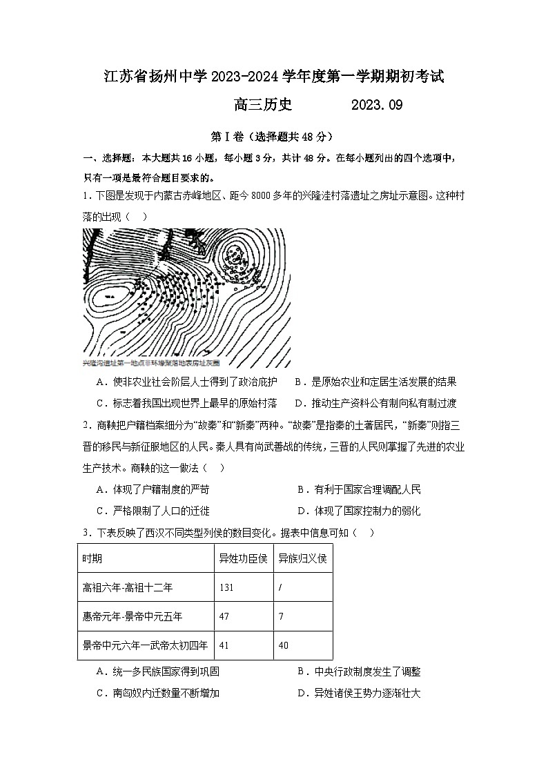 江蘇省揚(yáng)州中學(xué)2023-2024學(xué)年高三上學(xué)期開(kāi)學(xué)檢測(cè)歷史試題第1頁(yè)