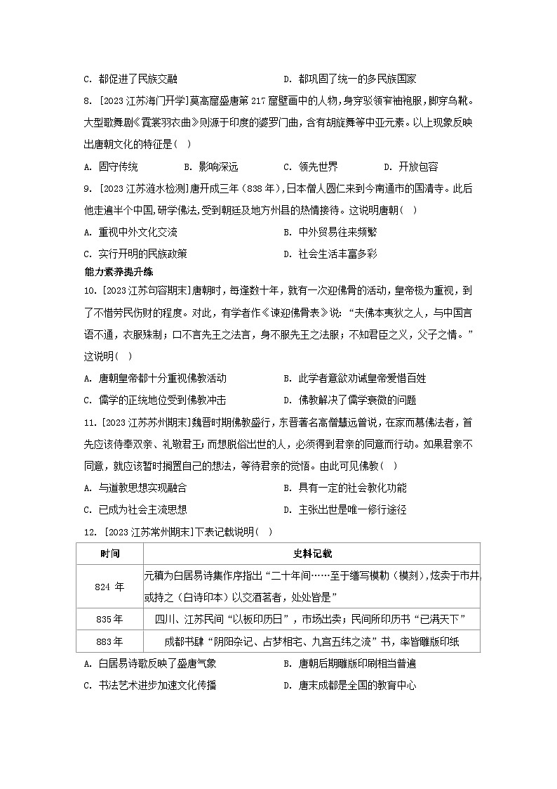 江苏专版2023_2024学年新教材高中历史第二单元三国两晋南北朝的民族交融与隋唐统一多民族封建国家的发展第八课三国至隋唐的文化分层作业部编版必修中外历史纲要上02