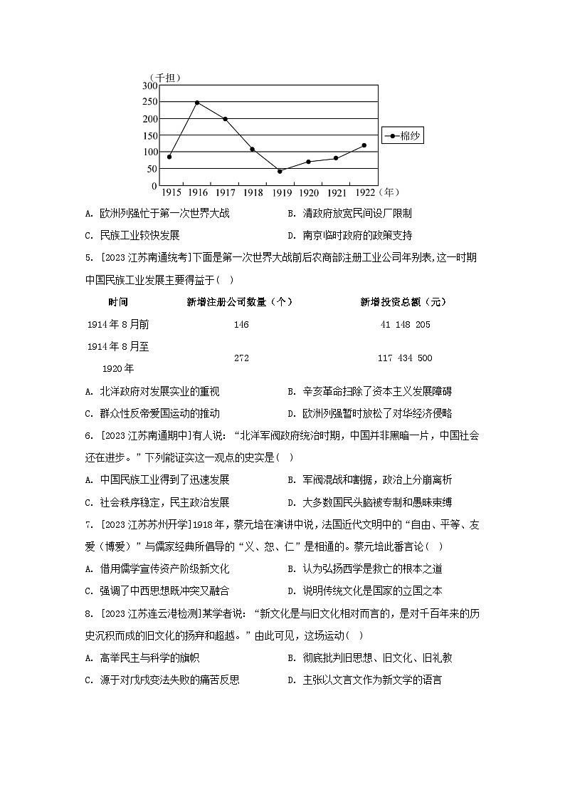 江苏专版2023_2024学年新教材高中历史第六单元辛亥革命与中华民国的建立第19课北洋军阀统治时期的政治经济与文化分层作业部编版必修中外历史纲要上02