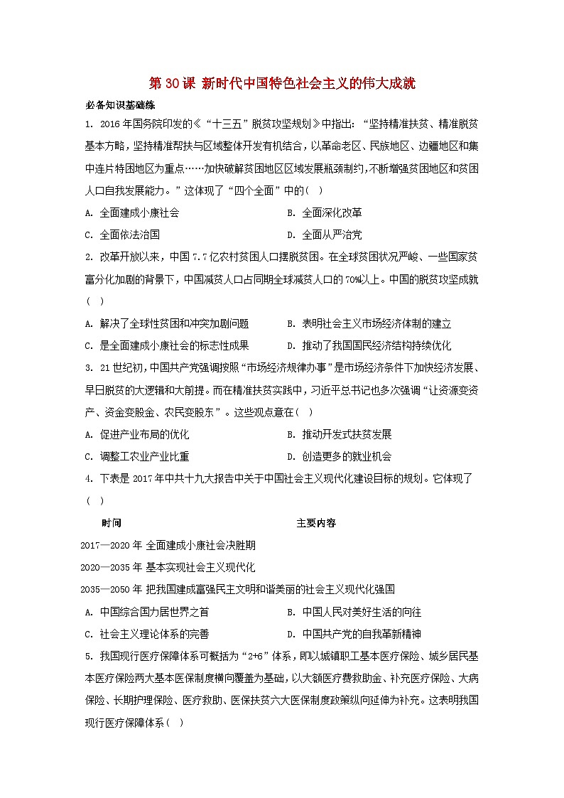 江苏专版2023_2024学年新教材高中历史第十一单元中国特色社会主义新时代第30课新时代中国特色社会主义的伟大成就分层作业部编版必修中外历史纲要上第1页