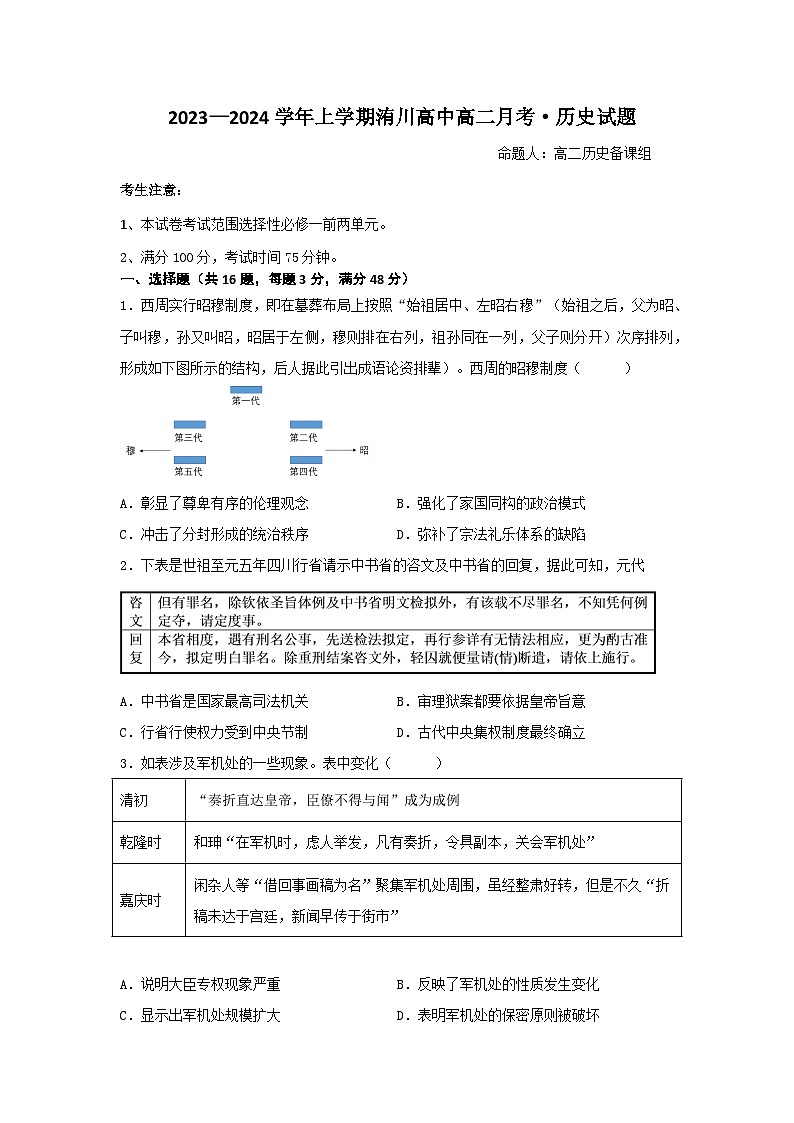 高二历史月考试题第1页