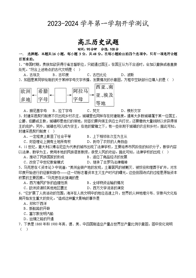 +江西省丰城拖船中学2023-2024学年高三上学期开学考试历史试题第1页