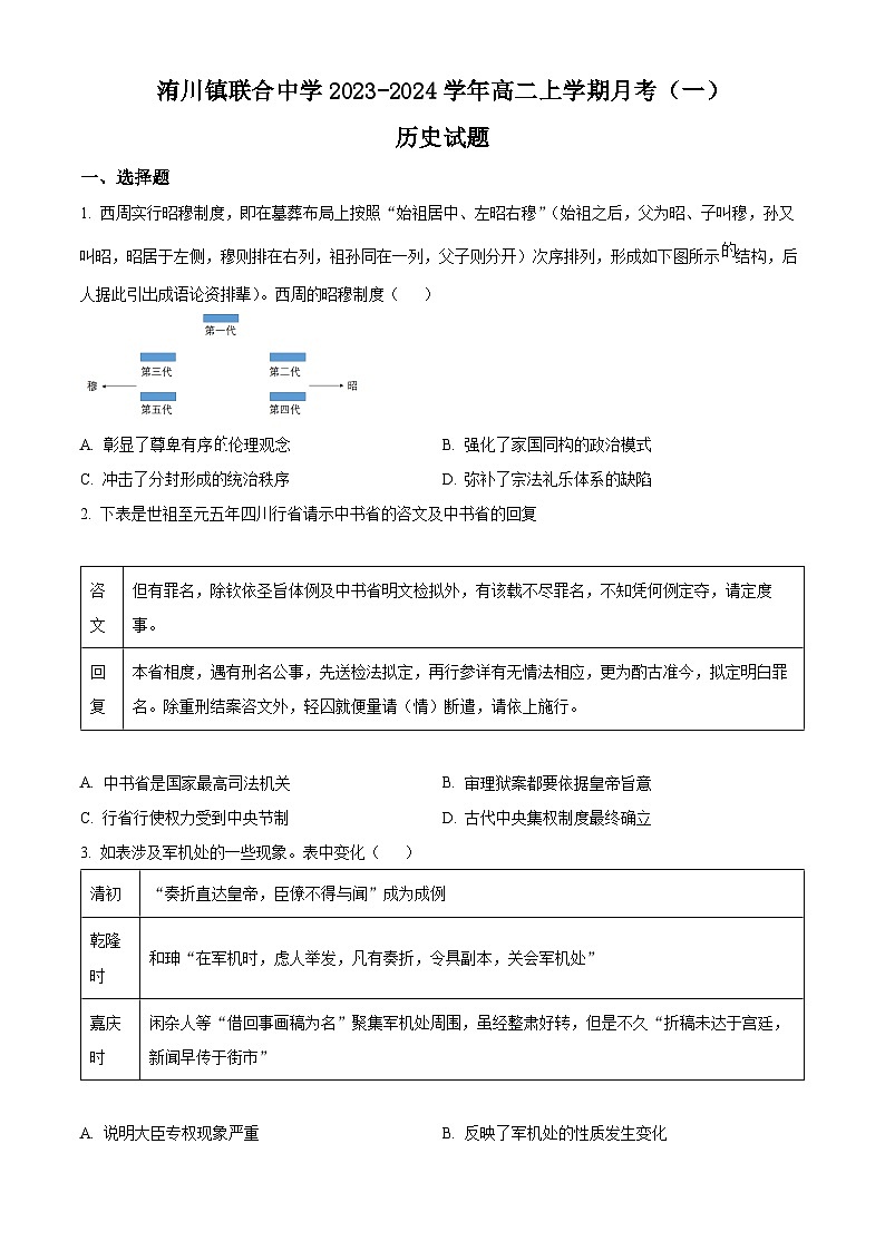河南省开封市尉氏县洧川镇联合中学2023-2024学年高二上学期月考(一)历史试题第1页