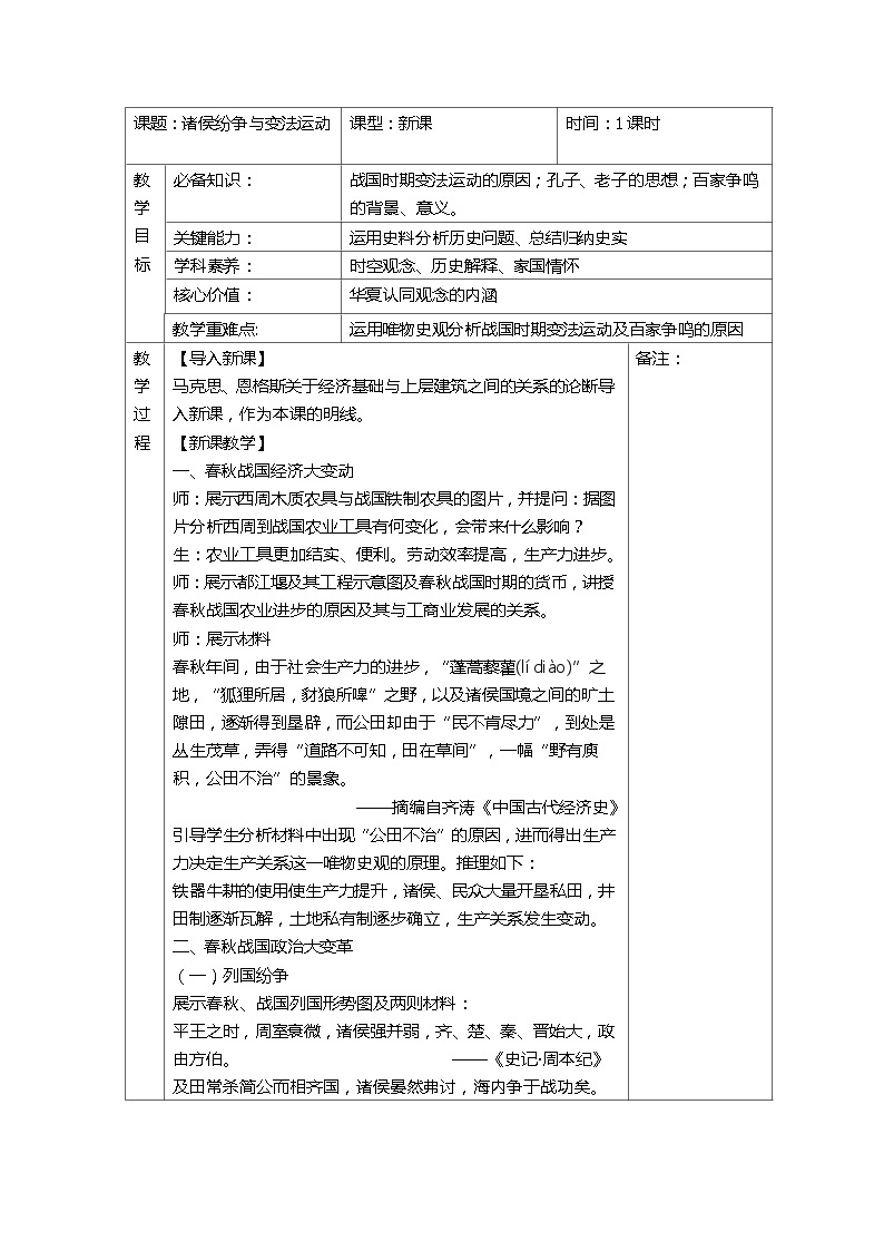 第2课 诸侯纷争与变法运动 教案（表格式）  2023-2024学年高中历史人教统编版中外历史纲要（上）01