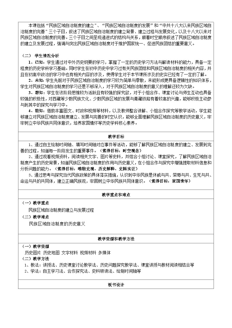 第13课 当代中国的民族政策 教学设计---2023-2024学年高中历史统编版2019选择性必修102