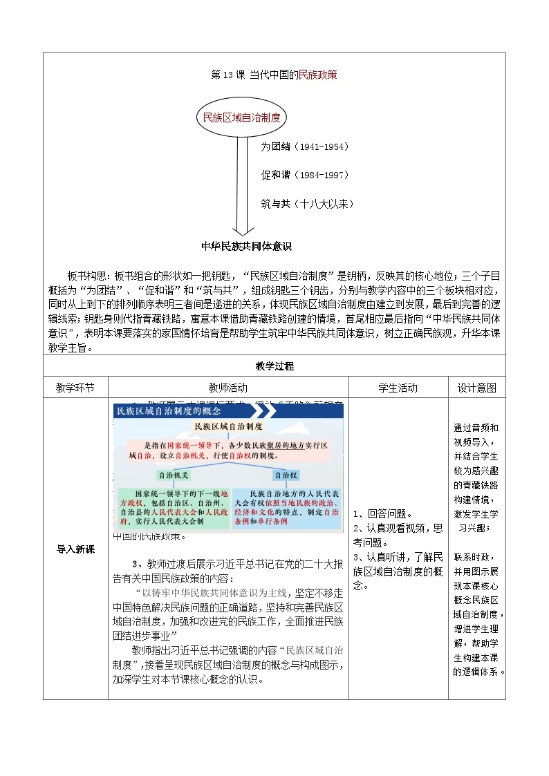 第13课 当代中国的民族政策 教学设计---2023-2024学年高中历史统编版2019选择性必修103
