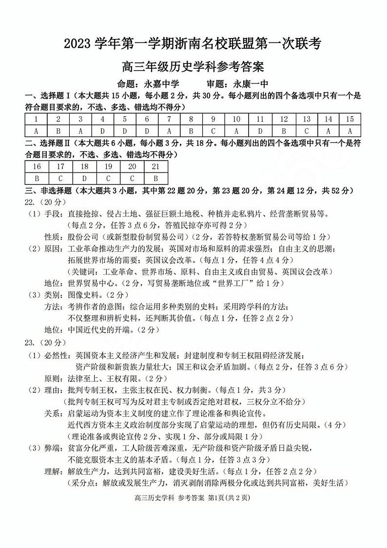 高三年级历史学科参考答案第1页