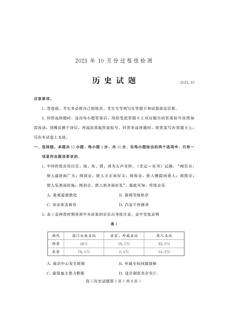 2024届山东省潍坊市高三上学期10月过程性检测 历史第1页