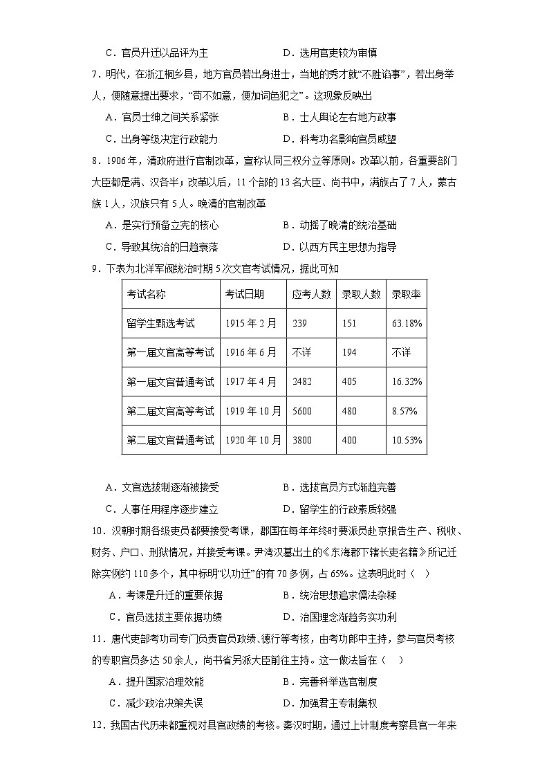 【期中选择题专练】(统编版)高二上学期历史 选修1:国家制度与社会治理 第二单元 官员的选拔与管理 选择题专练试卷02