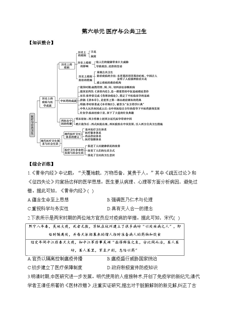 第六单元 医疗与公共卫生单元练习——2023-2024学年历史人教统编版选择性必修2 (含答案)01