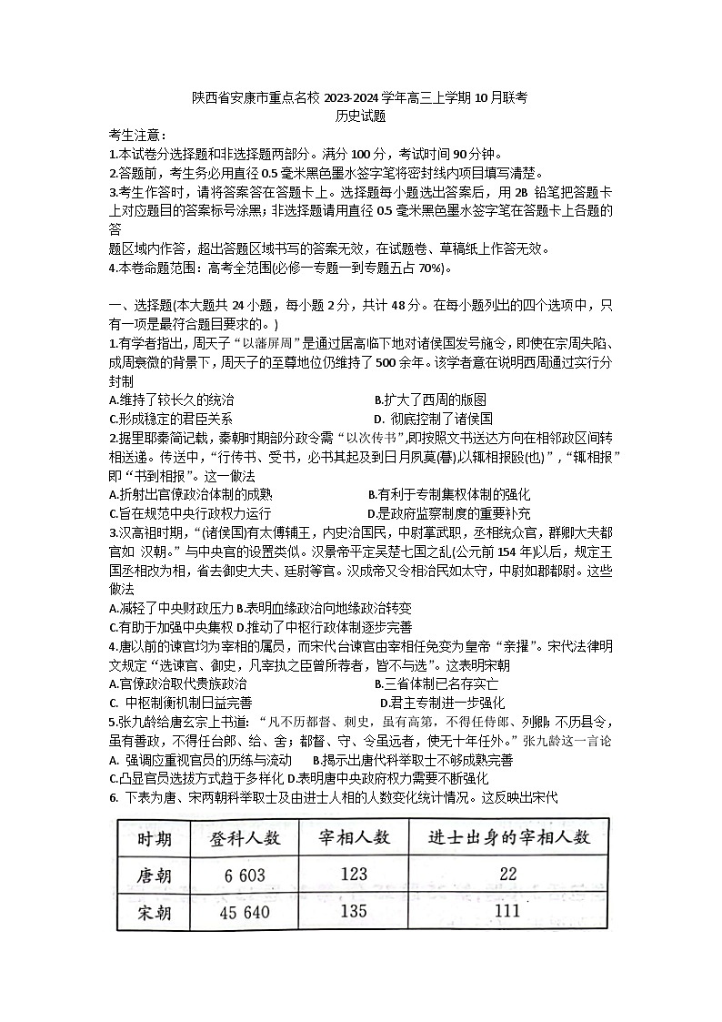 陕西省安康市重点名校2024届高三上学期10月联考历史试题第1页