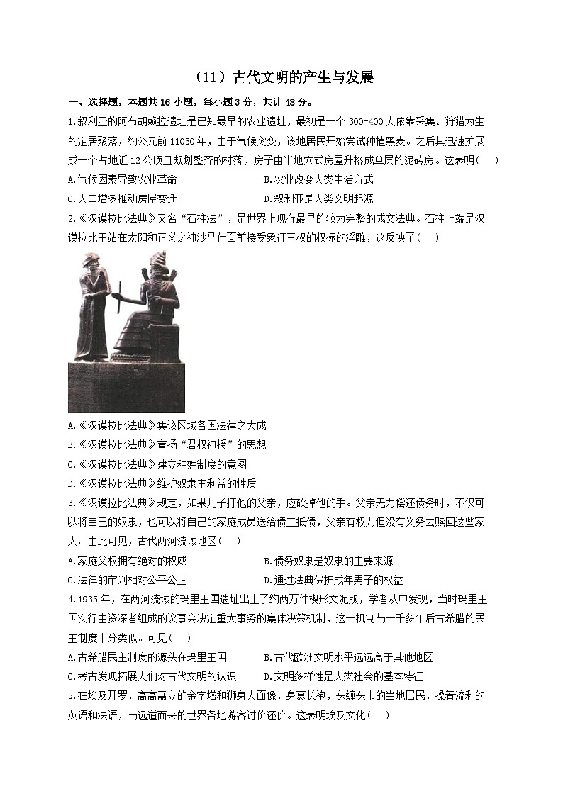 新高考历史一轮复习单元检测(11)古代文明的产生与发展(含解析)第1页