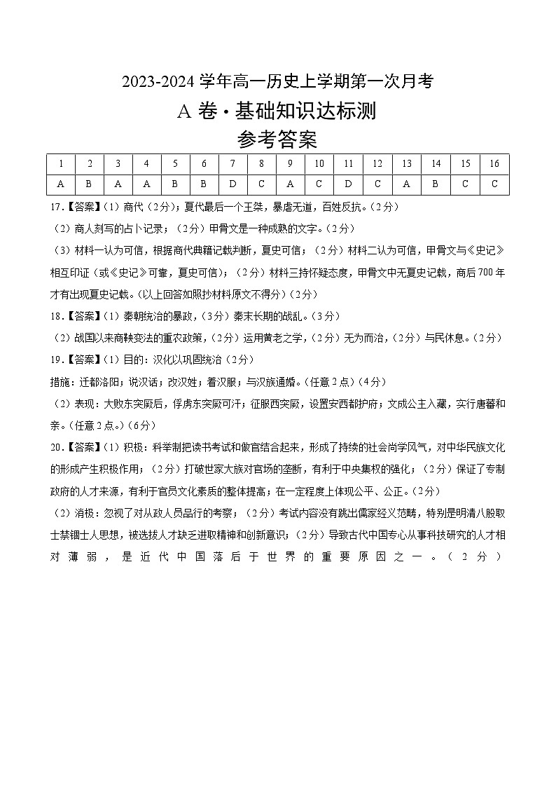 (统编版)2023-2024学年高一历史上学期 第一次月考A卷(参考答案)第1页