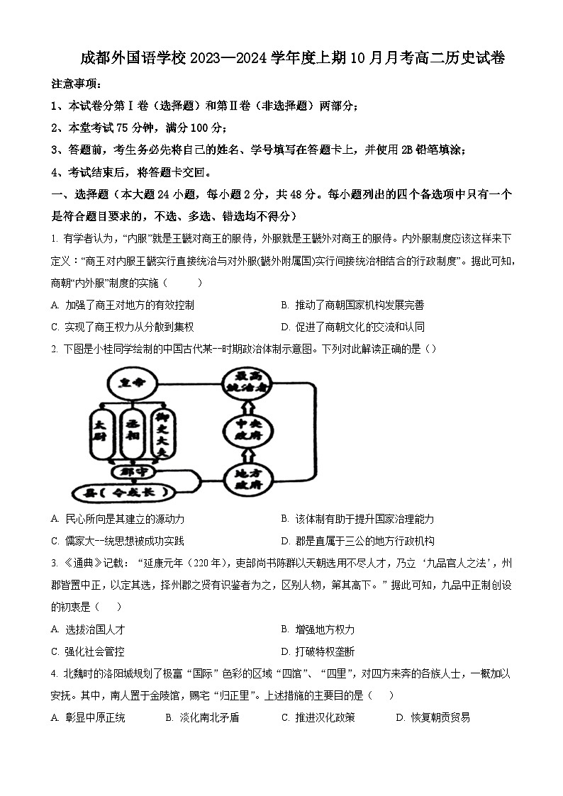 2024成都外国语学校高二上学期10月月考历史试题含解析01