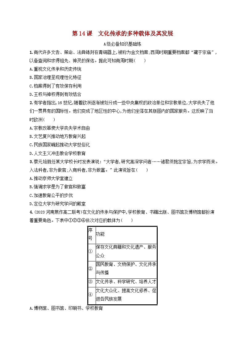 新教材2023_2024學(xué)年高中歷史第6單元文化的傳承與保護(hù)第14課文化傳承的多種載體及其發(fā)展分層作業(yè)部編版選擇性必修3第1頁