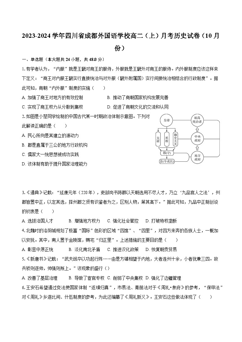 2023-2024学年四川省成都外国语学校高二(上)月考历史试卷(10月份)(含解析)01