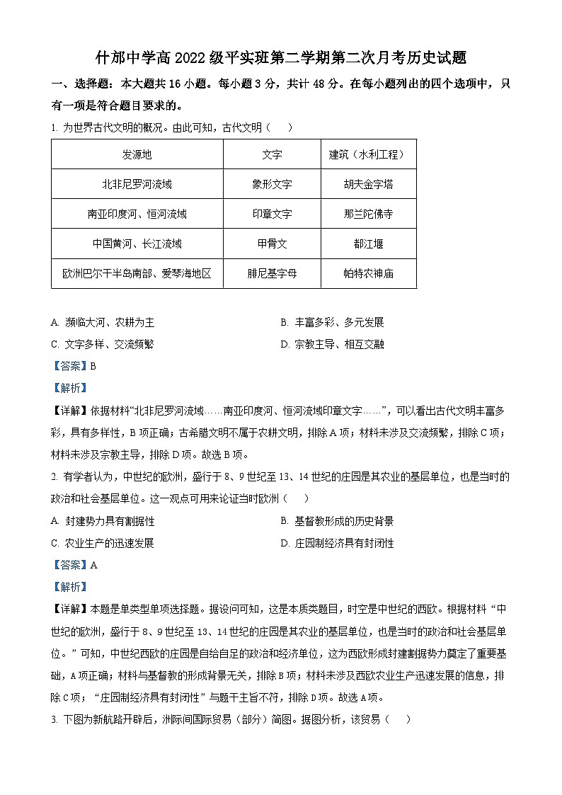 四川省德阳市什邡中学2022-2023学年高一历史下学期第二次月考试题(Word版附解析)第1页