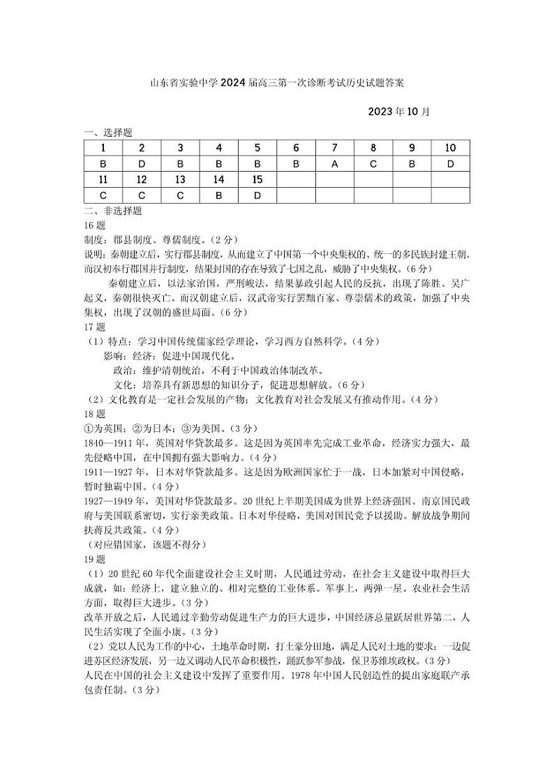 2024山东省实验中学高三上学期第次一诊断考试(10月)历史含答案01