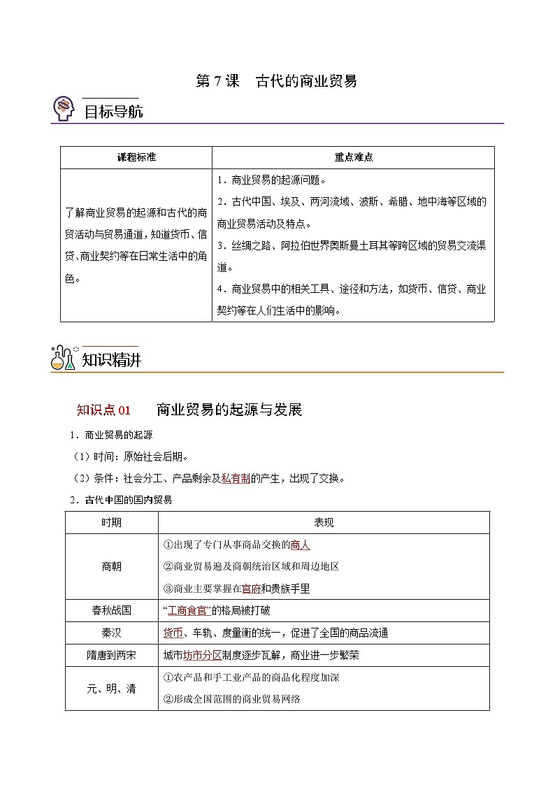 人教统编版高中历史选择性必修二精品同步讲义第7课 古代的商业贸易(解析版)第1页