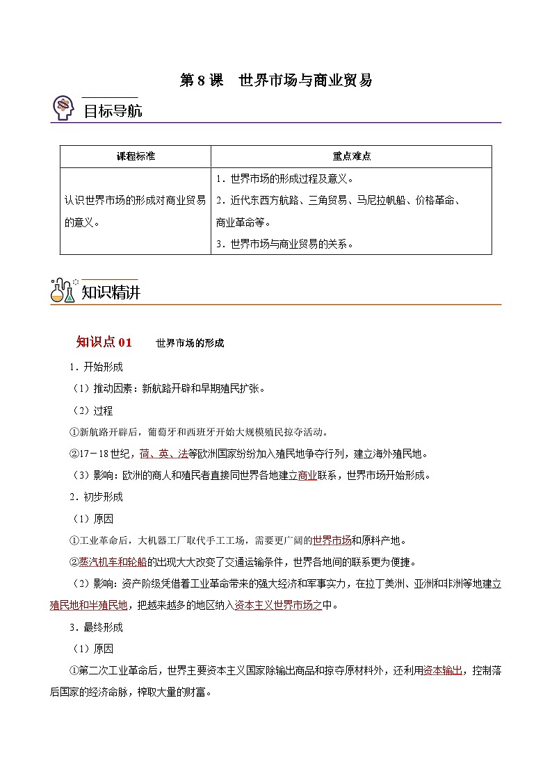 人教统编版高中历史选择性必修二精品同步讲义第8课 世界市场与商业贸易(解析版)第1页
