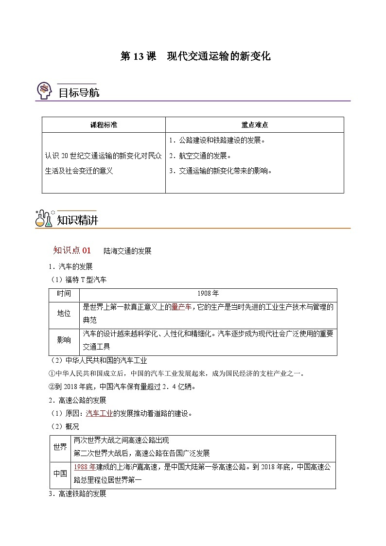 人教统编版高中历史选择性必修二精品同步讲义第13课 现代交通运输的新变化(解析版)第1页