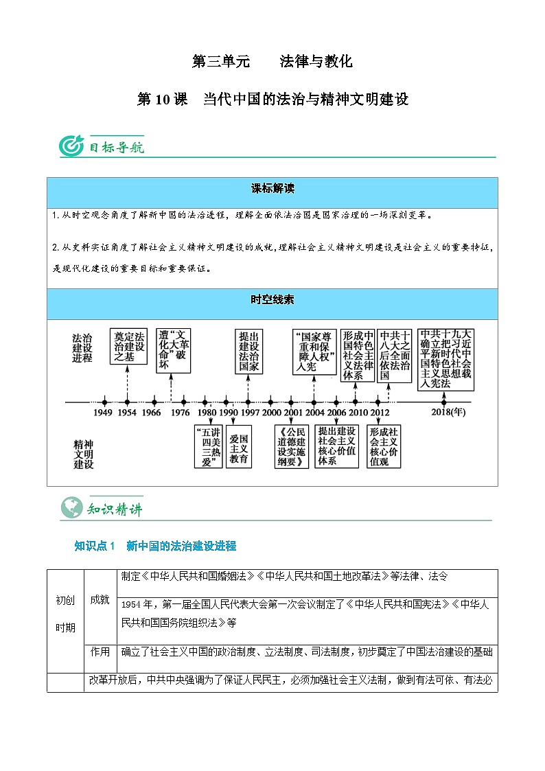 人教统编版高中历史选择性必修一精品同步讲义第10课 当代中国的法治与精神文明建设(含解析)第1页