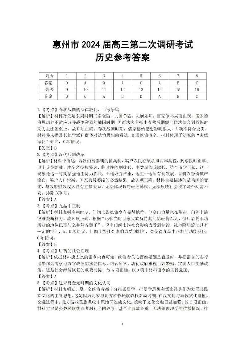 2024届广东省惠州市高三上学期二模历史试题及答案01