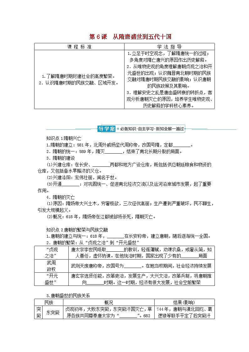 2024版新教材高中历史第二单元三国两晋南北朝的民族交融与隋唐统一多民族封建国家的发展第六课从隋唐盛世到五代十国导学案部编版必修中外历史纲要上第1页