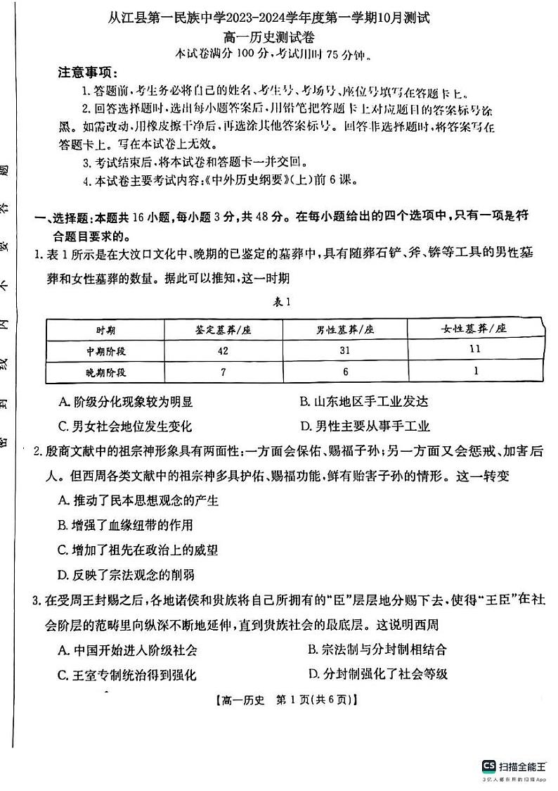 贵州省黔东南苗族侗族自治州从江县第一民族中学2023-2024学年高一上学期10月月考历史试题第1页