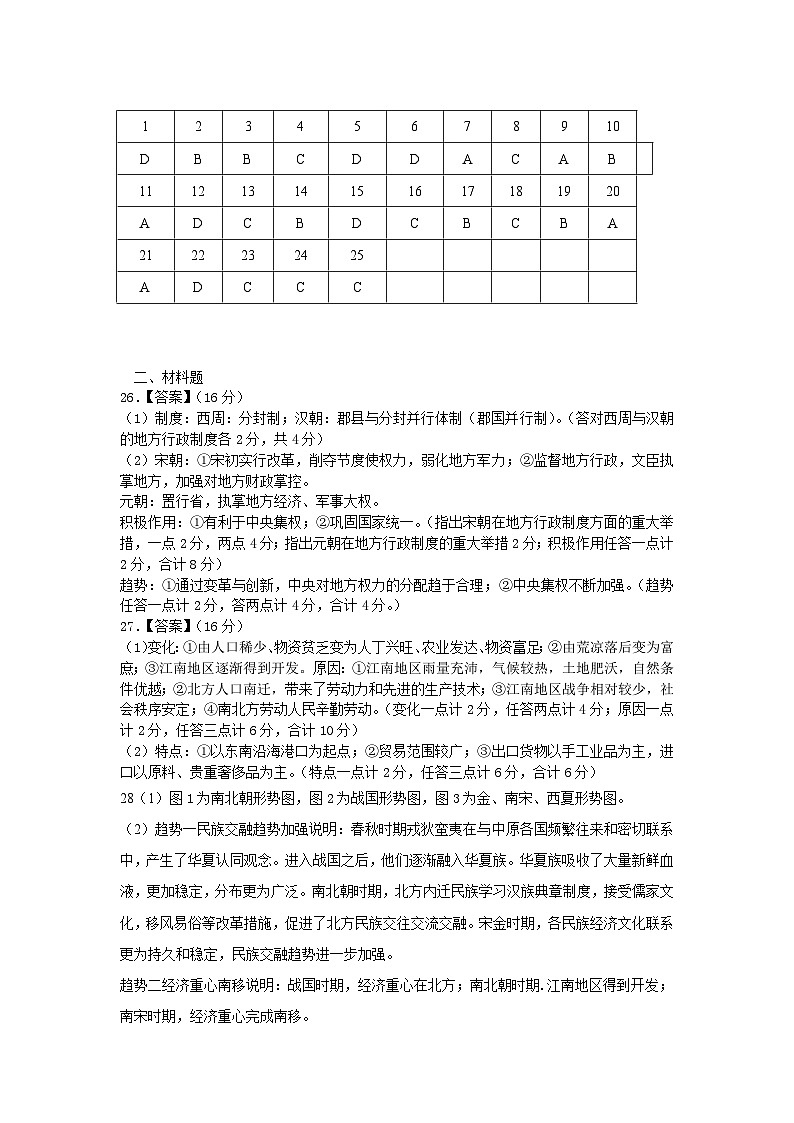 陕西省榆林市定边县定边四中2023-2024第一学期期中考试高一历史答案第1页