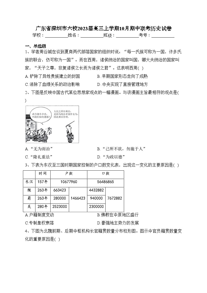 广东省深圳市六校2023届高三上学期10月期中联考历史试卷(含答案)第1页