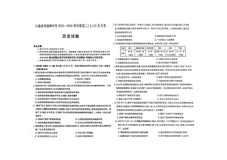 2024六盘水纽绅中学高二上学期10月月考历史试题PDF版含答案01
