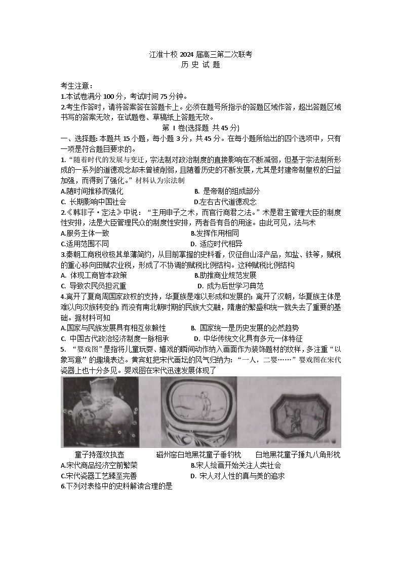 安徽省江淮十校2024届高三第二次联考历史试题(含答案)01