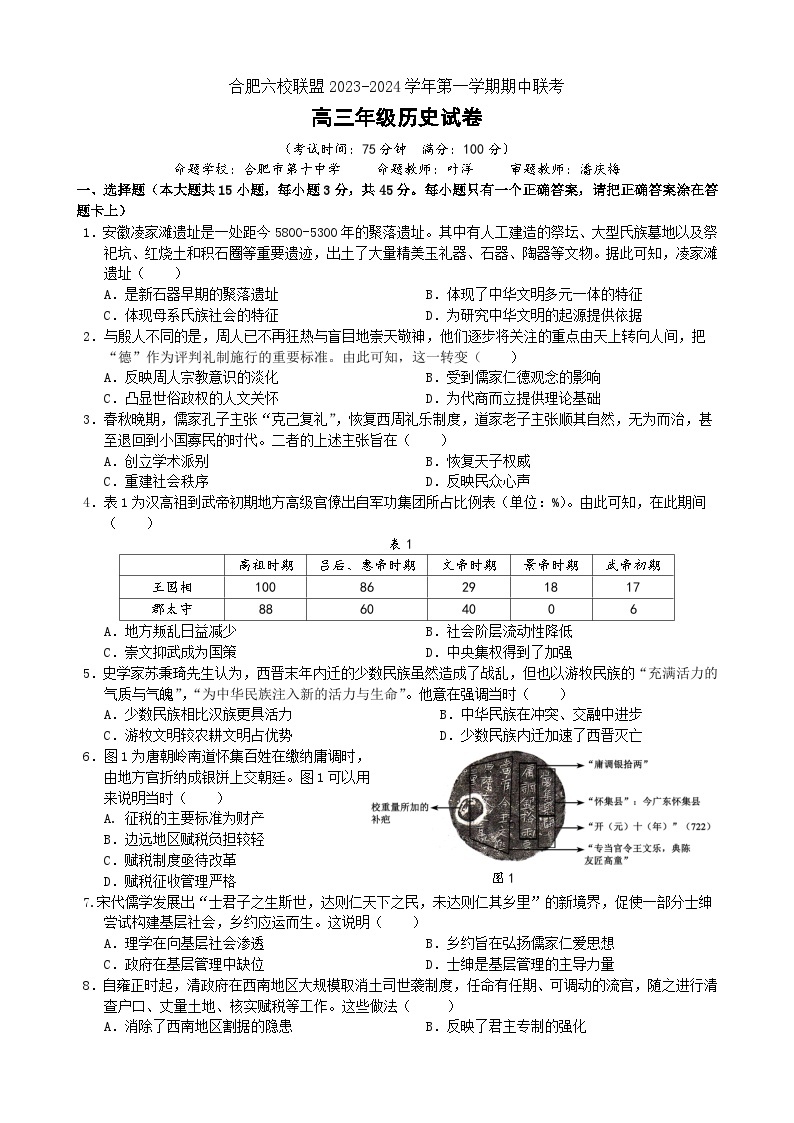 2024合肥六校联盟高三上学期期中联考试题历史含答案01