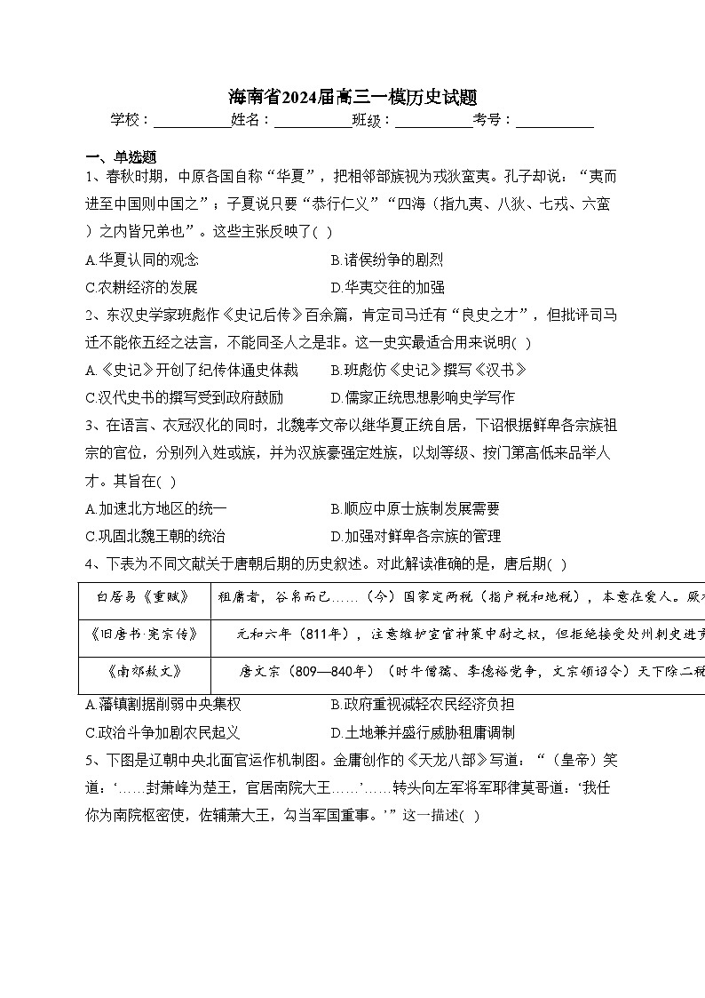 海南省2024届高三一模历史试题(含答案)第1页