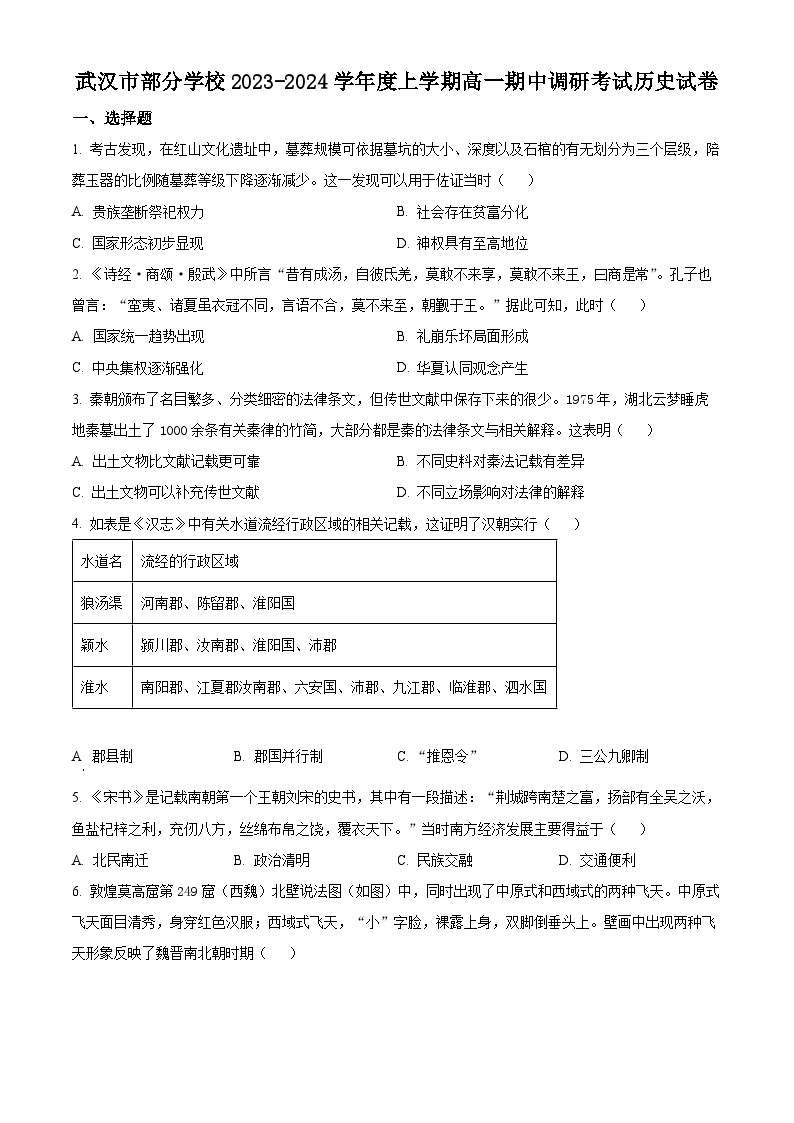 2024武汉部分学校高一上学期期中历史试题含解析01