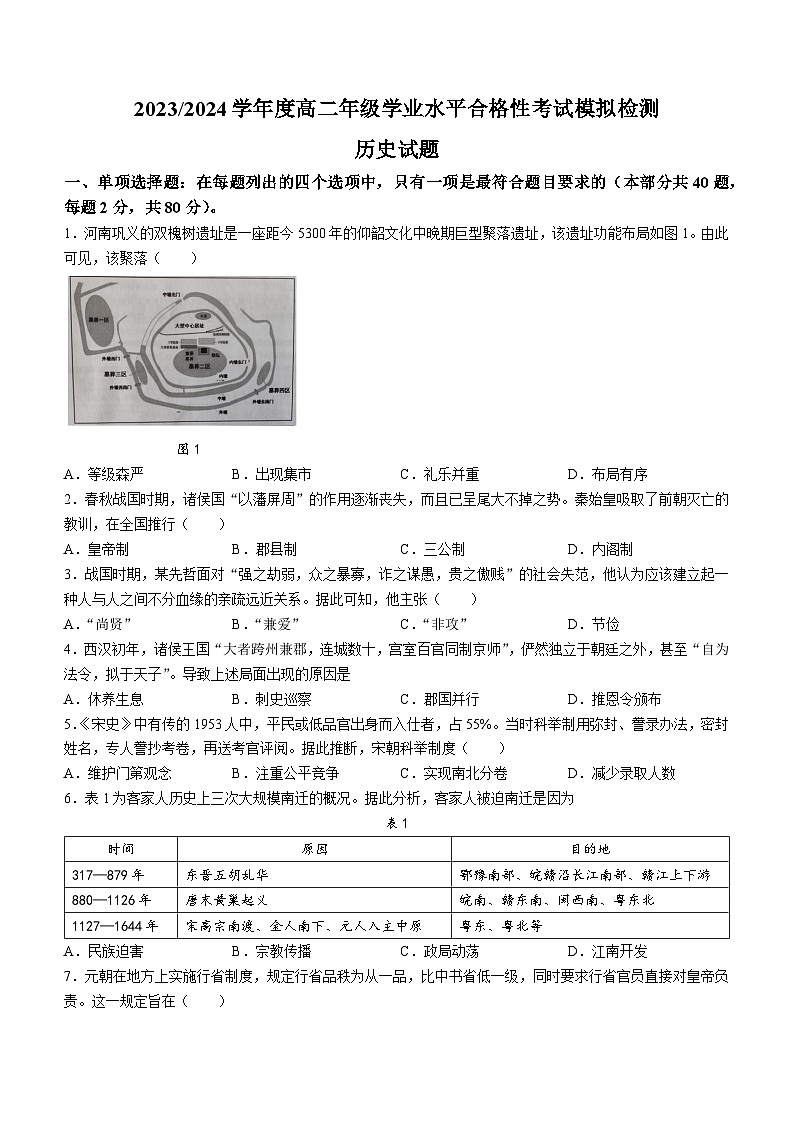 江苏省盐城市2023-2024学年高二上学期学业水平合格性考试模拟监测历史试题(无答案)第1页