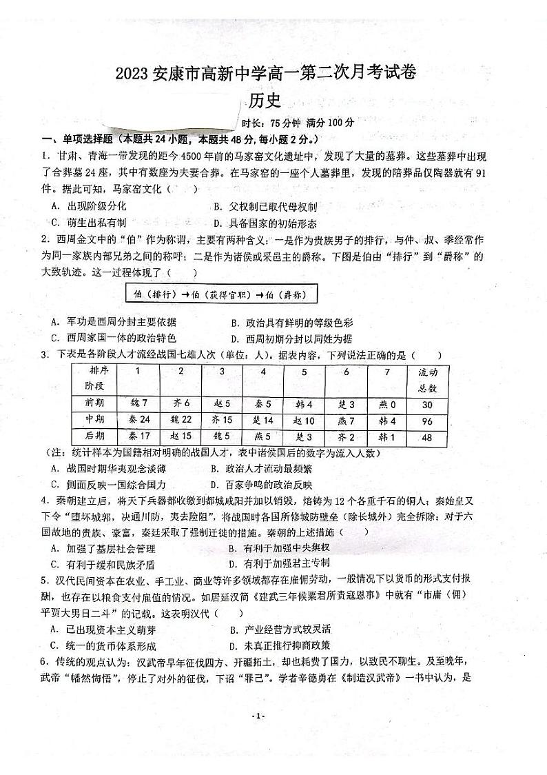 陕西省安康市高新中学2023-2024学年高一上学期第二次月考历史试题01
